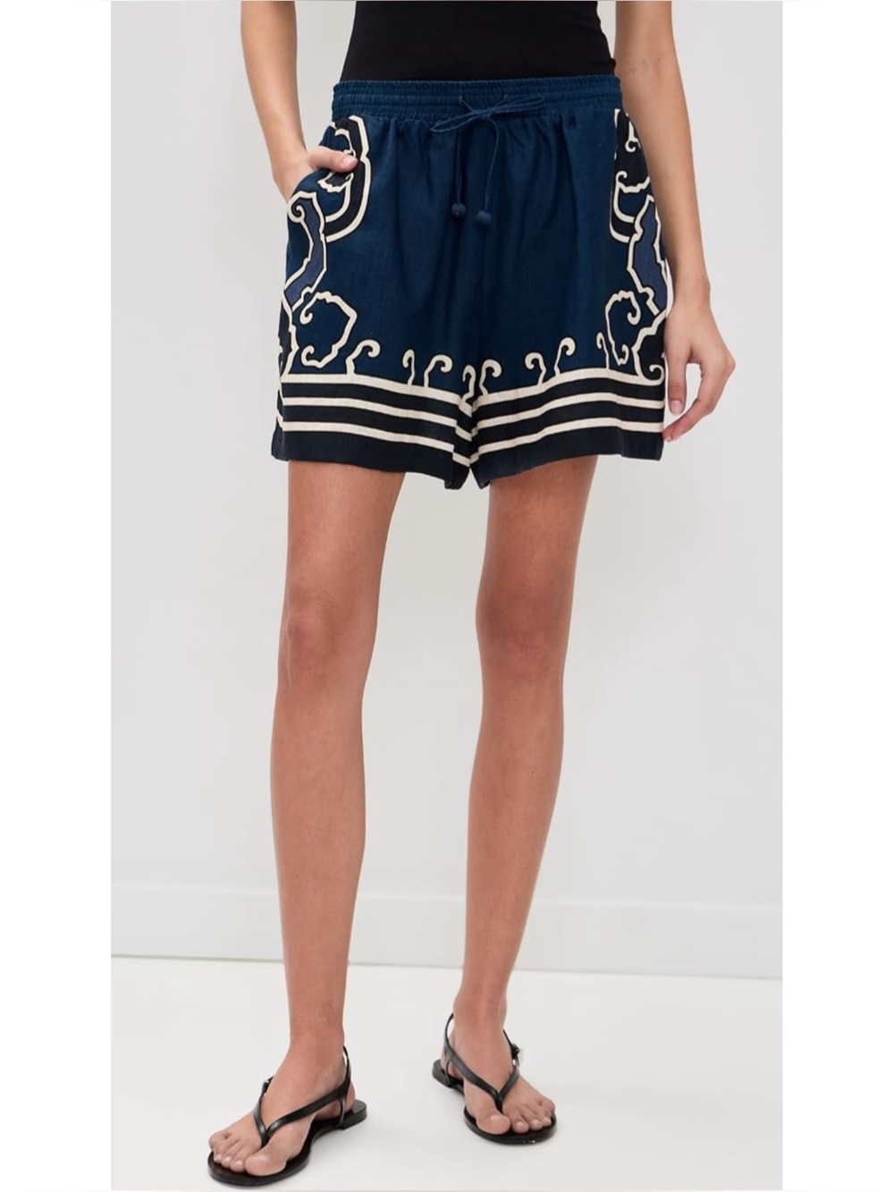 SEA NEW YORK | Blaise Linen Print Shorts in Navy Blue, Size Medium